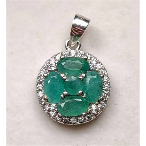 Emerald and Cubic Zirconia 925 Silver Pendant, 0.82ct Total Emerald