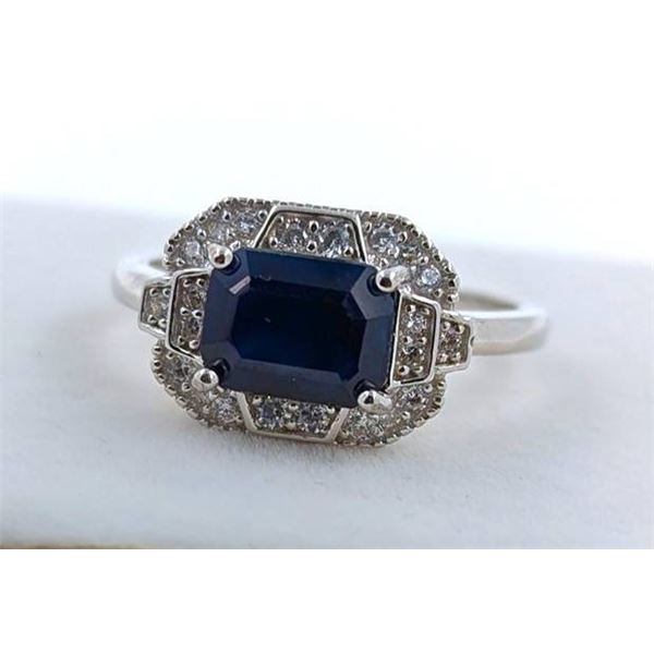 Sterling Silver Ring with Natural Blue Sapphire & Cubic Zirconia, Size 7