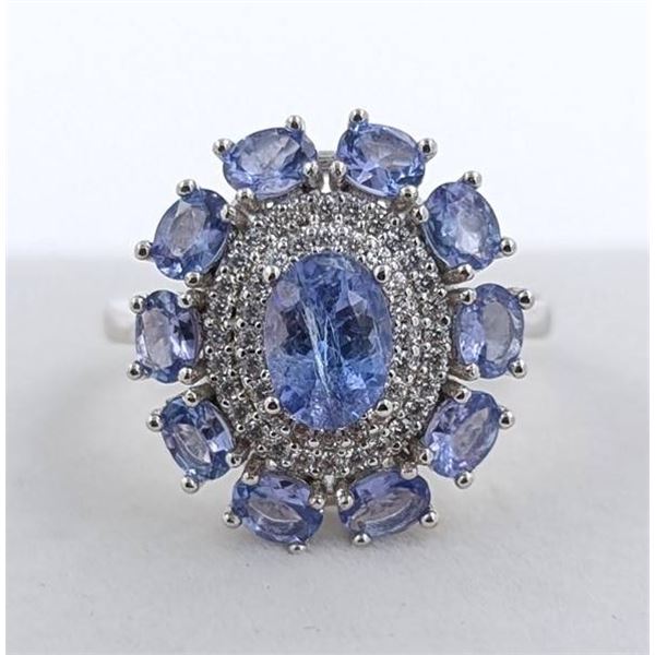 Sterling Silver Ring with Tanzanites & Cubic Zirconias, Size 7
