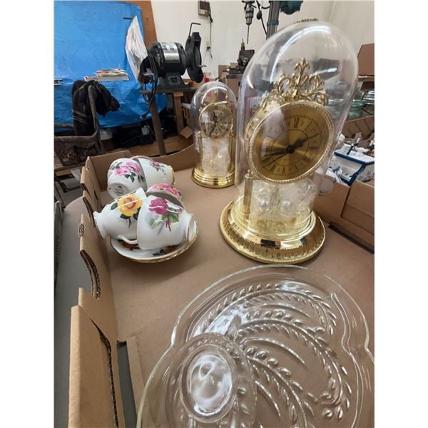 Two Hermle Dome Clocks and Floral Teacups