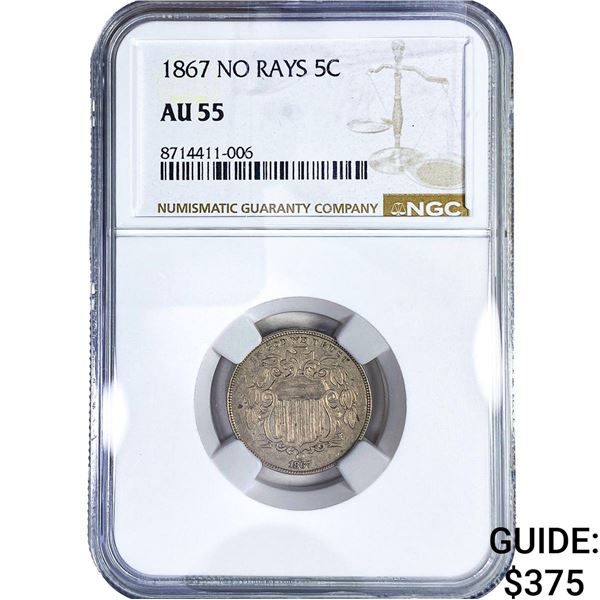 1867 Shield Nickel NGC AU55 No Rays
