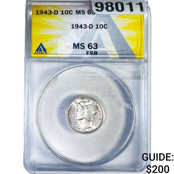 1943-D Mercury Silver Dime ANACS MS63 FSB