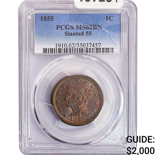1855 Braided Hair Large Cent PCGS MS62 BN Slant 55