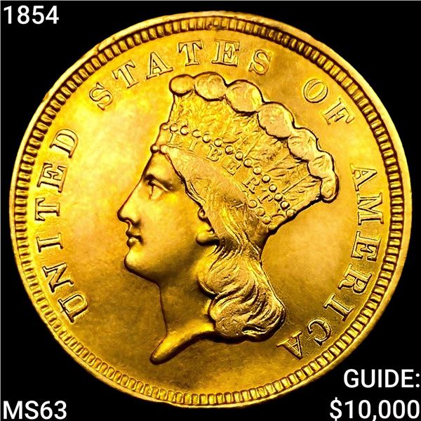 1854 $3 Gold Piece CHOICE BU