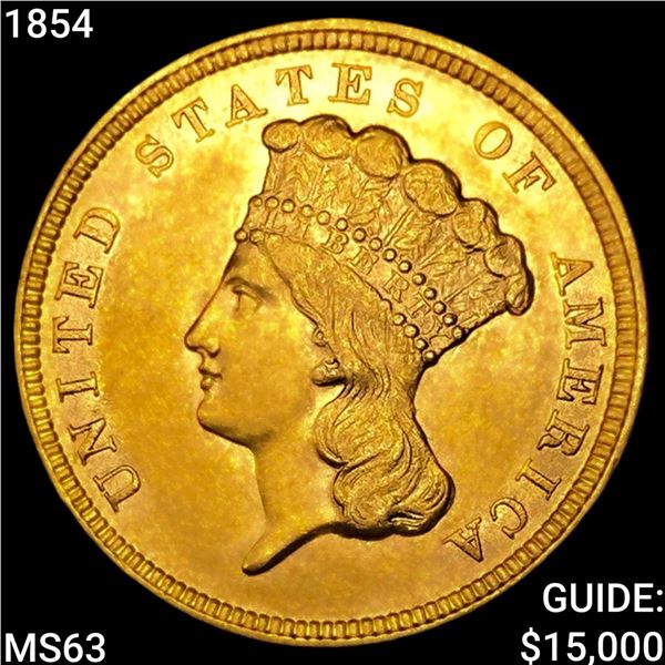 1854 $3 Gold Piece CHOICE BU