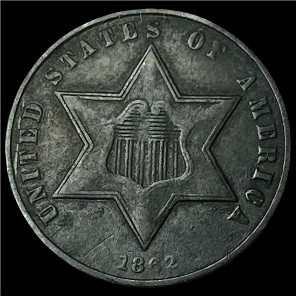 1862 Silver Three-Cent Piece NEARLY  UNCIRCULATED