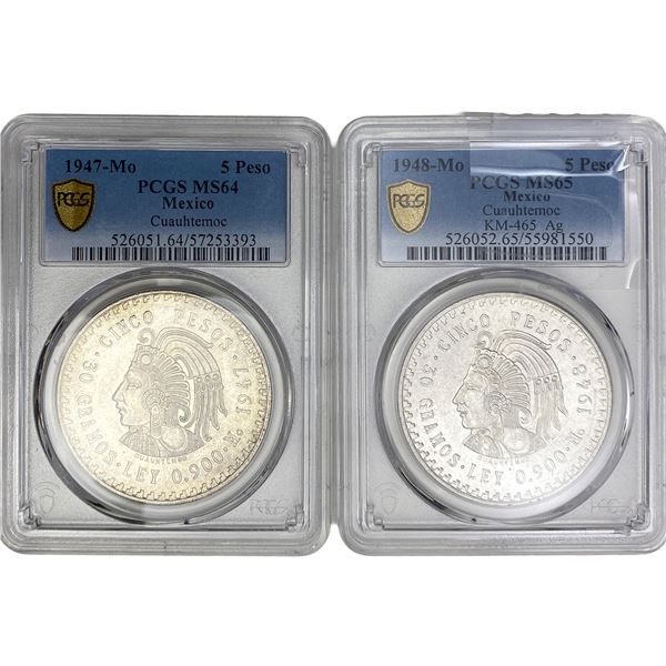 [2 Coins] 1948-Mo 5 Peso Mexico Cuauhtemoc PCGS MS65