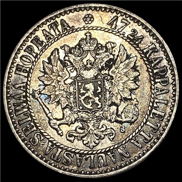 1865 Finland Silver 2 Markka NEARLY UNCIRCULATED
