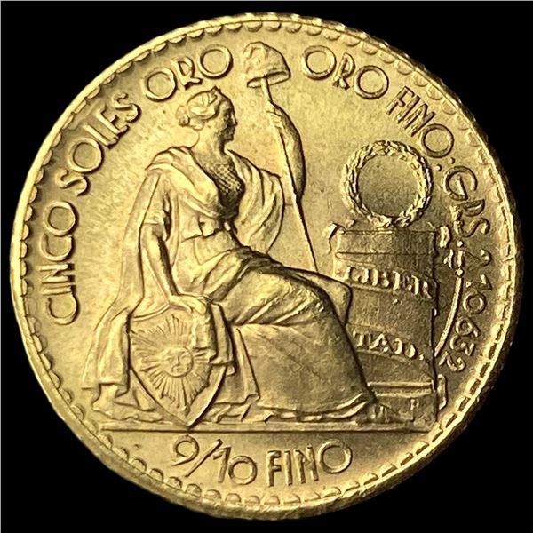 1964 Peru Gold 5 Soles GEM BU