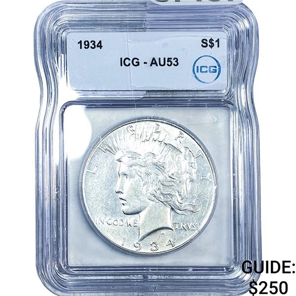 1934 Silver Peace Dollar ICG AU53