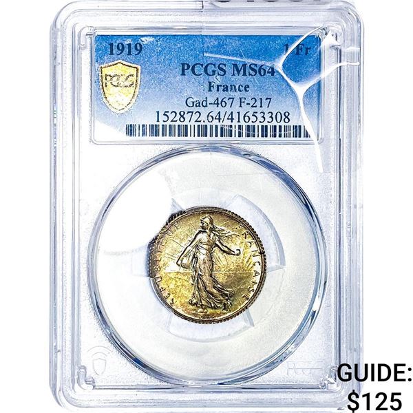 1919 France Silver 1 Franc PCGS MS64