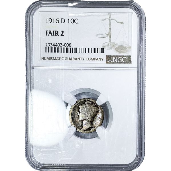 1916-D Mercury Silver Dime NGC F2