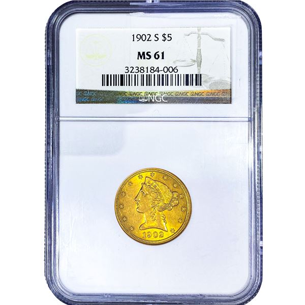 1902-S $5 Gold Half Eagle NGC MS61