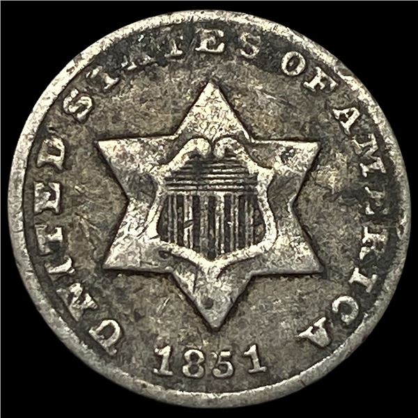 1851-O Silver Three-Cent Piece NEARLY  UNCIRCULATED