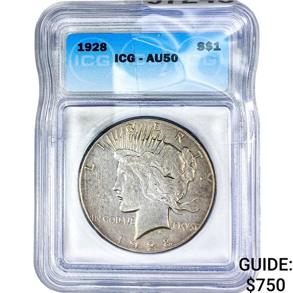 1928 Silver Peace Dollar ICG AU50