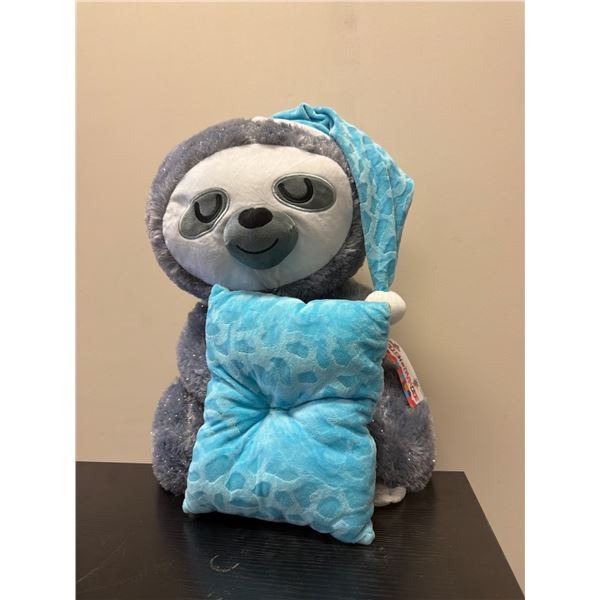 Gray Sloth Plush Toy with Blue Pillow and Sleep Cap