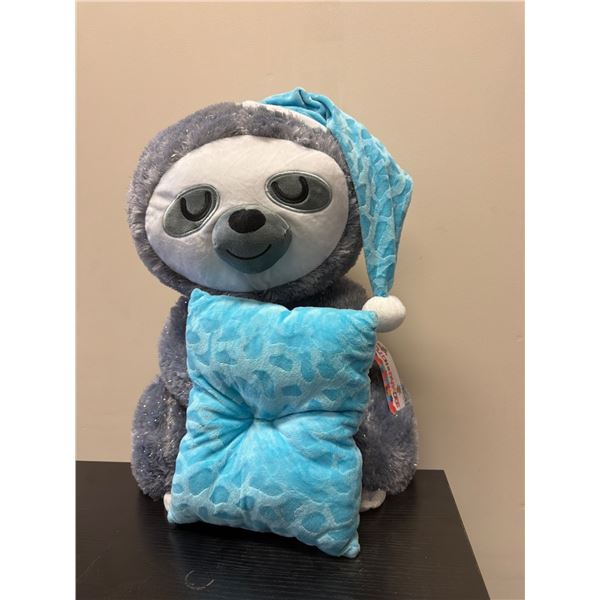 Gray Sloth Plush Toy with Blue Pillow and Sleep Hat