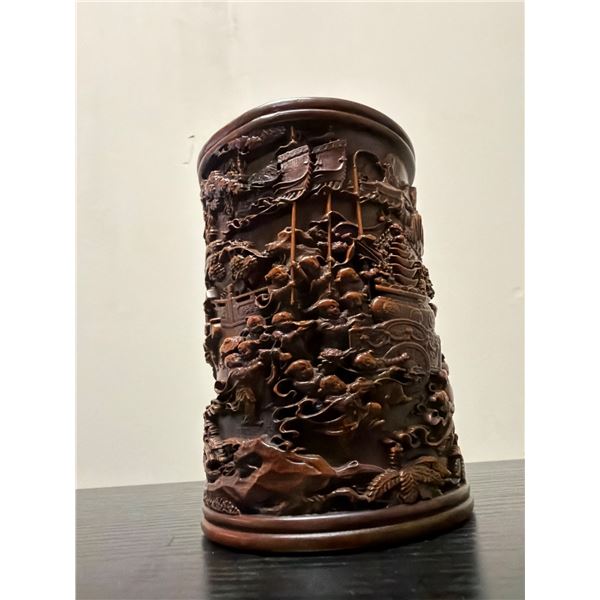 Antique Carved Brush Pot with Figurines and Scenes