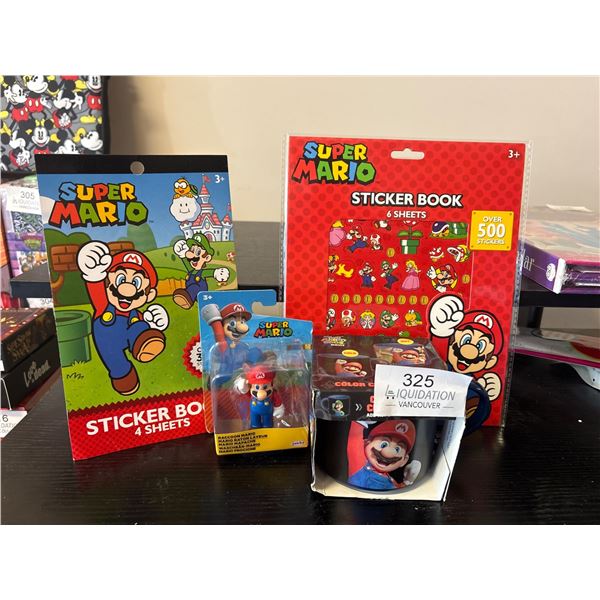 Super Mario Sticker Book, Action Figure, and Mug Set