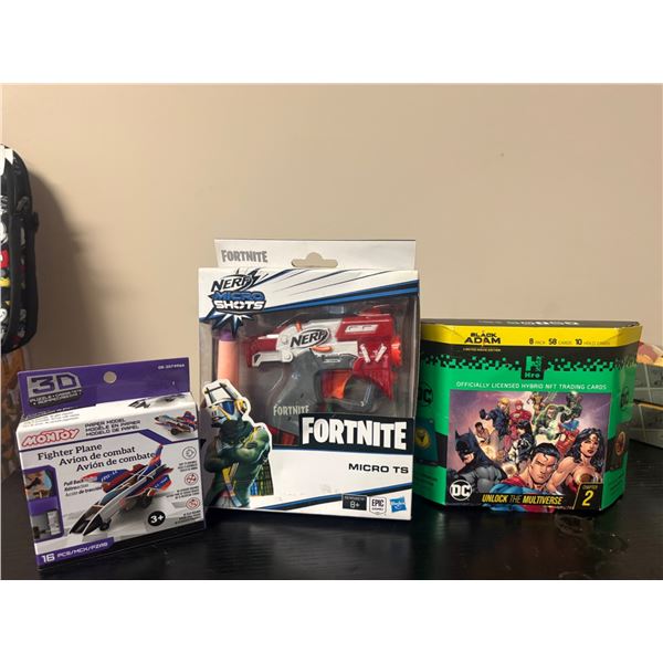 Nerf Fortnite Micro Shots, 3D Fighter Plane, DC Black Adam Cards