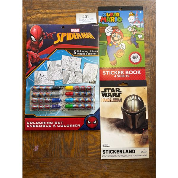Marvel Spider-Man Coloring Set & Super Mario and Stars Wars sticks books