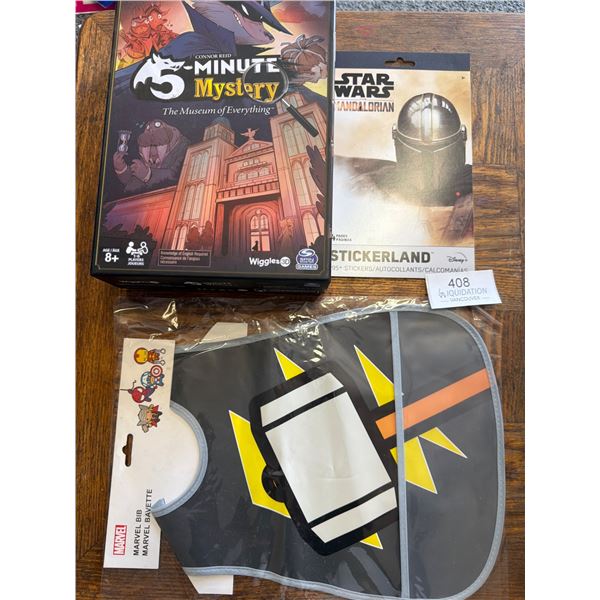 Toys and Games Lot - 5 Minute Mystery, Stickerland, Marvel Bib