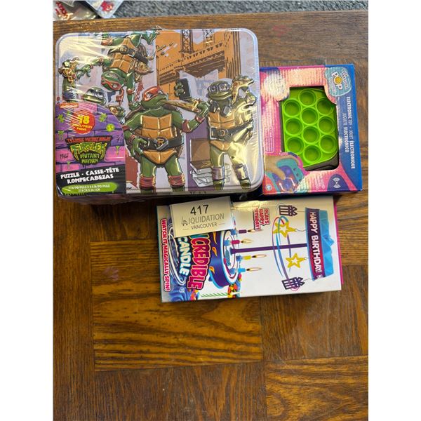 Turtle Puzzle, Pop It, and Birthday Candle Lot