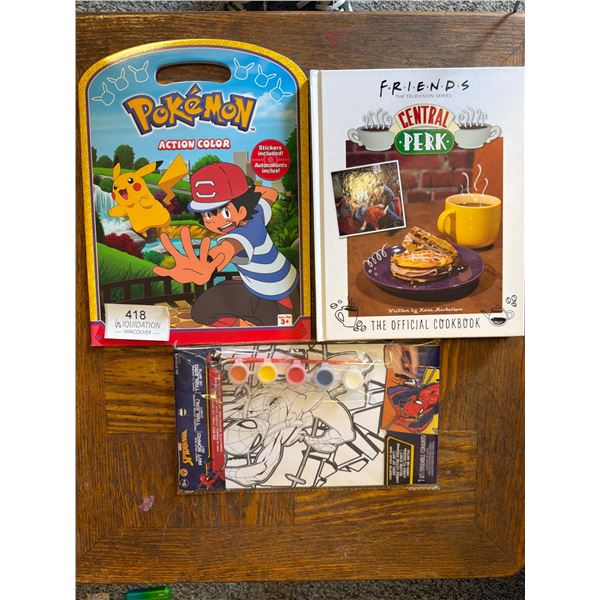 Pokemon,  cooking book, and Spider-Man Books and Activity Set