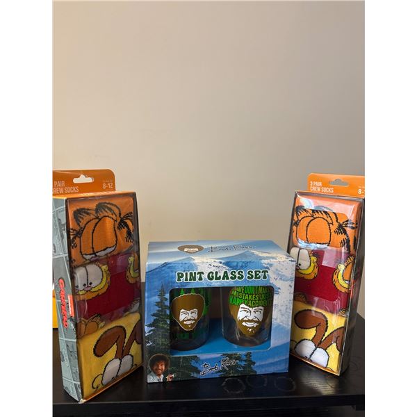 2 sets Garfield Socks and Bob Ross Pint Glasses