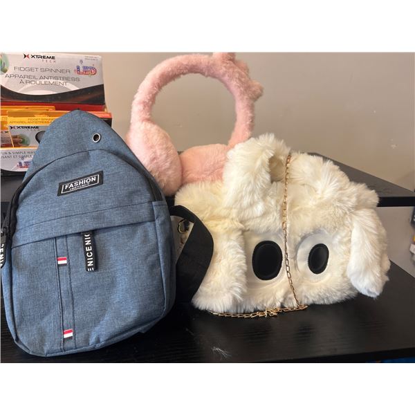 White pursel, Blue Crossbody Bag & Pink Fluffy Earmuffs