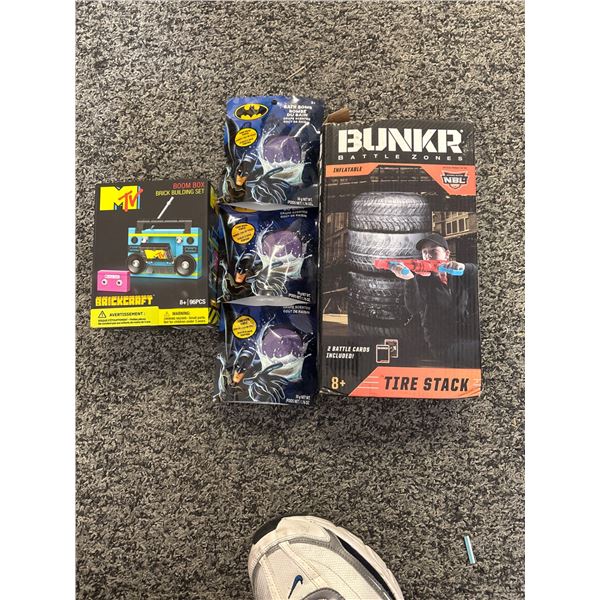 Lot of Boom Box,inflatable tire bunker,3 batman bath bomb - Employee leg not included