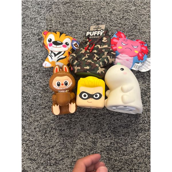 Lot of 5 Plush Toys: Tiger, Bunny, Angry Blob, Superhero, Camo Hoodie