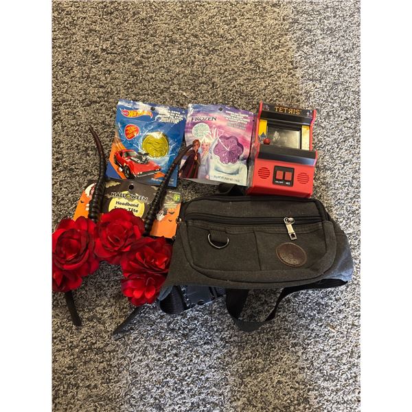 Assorted Lot: Hot Wheels, Frozen Bath Bomb, Tetris Game, Headband, Bag