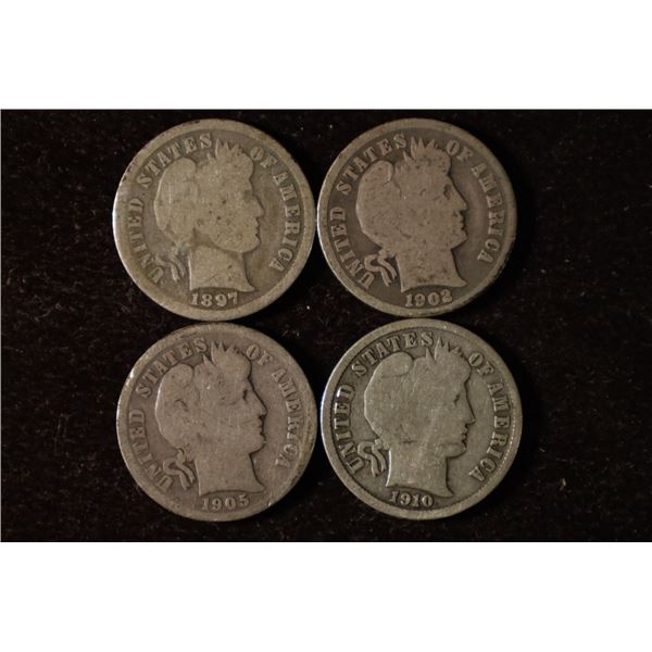 1897, 1902, 1905 & 1910-D SILVER BARBER DIMES