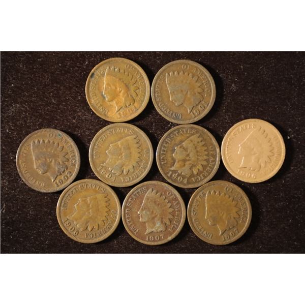 9 INDIAN HEAD CENTS: 1901-1907