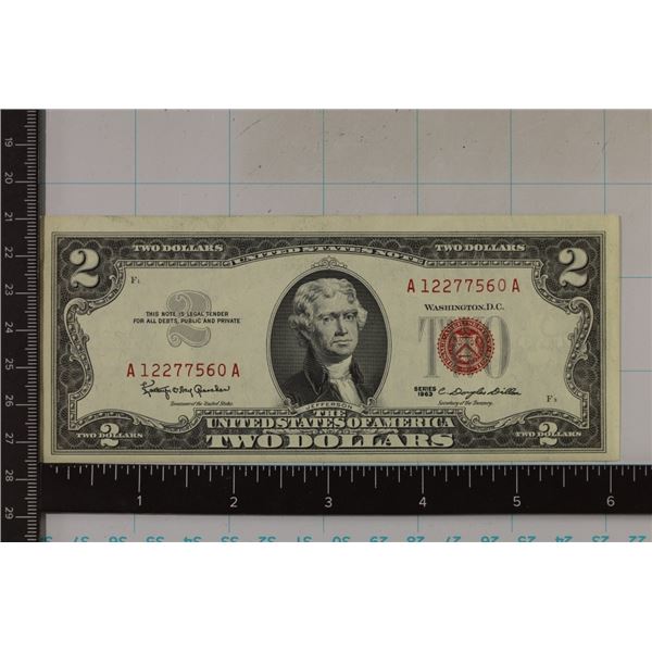 1963 US $2 RED SEAL NOTE. CRISP UNC
