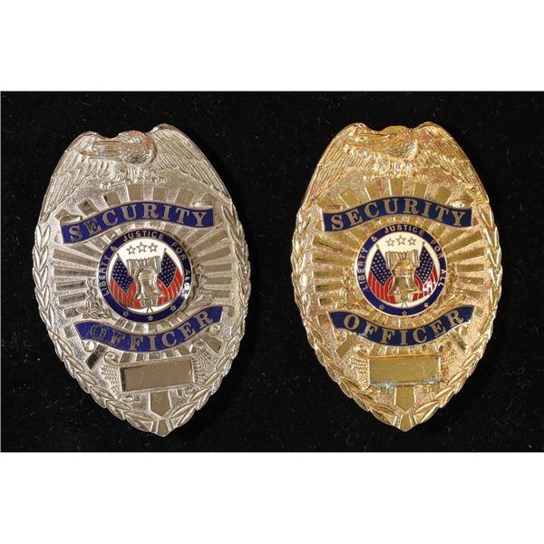 2 METAL SECURITY OFFICER BADGES.  ONE SILVER COLOR
