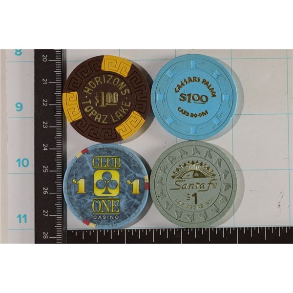 4-$1 CASINO GAMING CHIPS: TOPAZ LAKE, CLUB ONE,