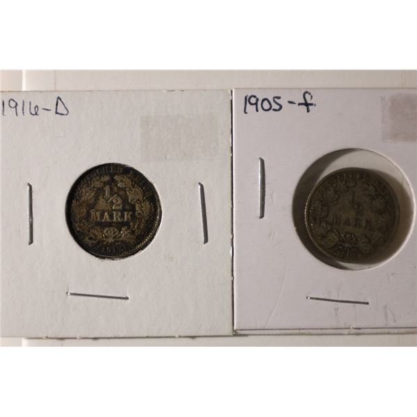 1905-F & 1916-D GERMAN SILVER 1/2 MARKS .1604 OZ.