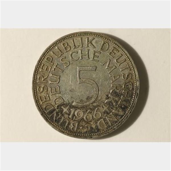 1966 SILVER GERMAN 5 MARK TONED .2251 OZ. ASW