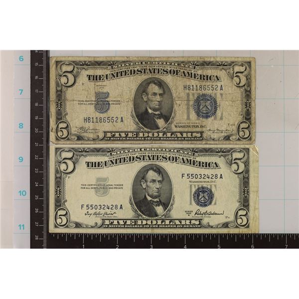 1934-A & 1953-A US $5 SILVER CERT. BLUE SEALS