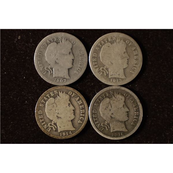 1907, 1913, 1914-D & 1916 SILVER BARBER DIMES