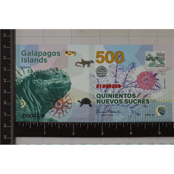2021 GALAPAGOS ISLANDS 500 SUCRES CRISP UNC