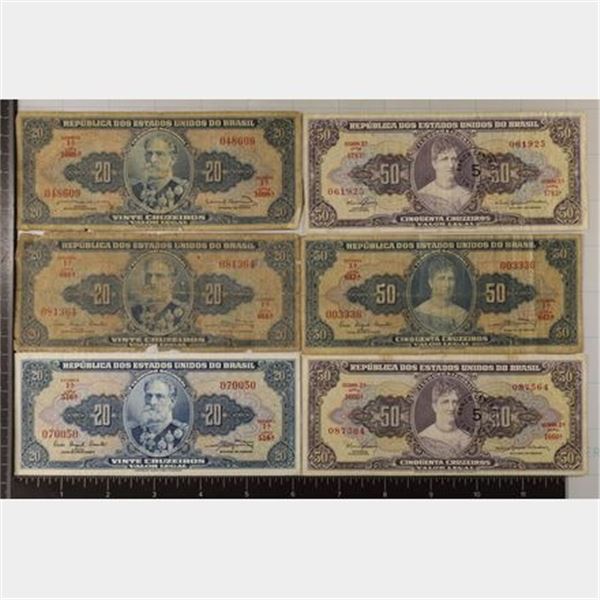 6-BRAZIL BILLS: 3-20 CRUZEIROS AND 3-50 CRUZEIROS