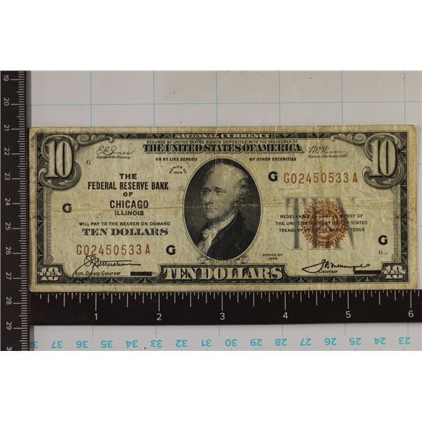 1929 US $10 NATIONAL CURRENCY BANK OF CHICAGO
