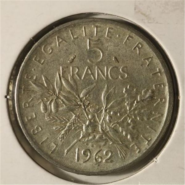 1962 FRANCE SILVER 5 FRANCS .835 OZ. ASW