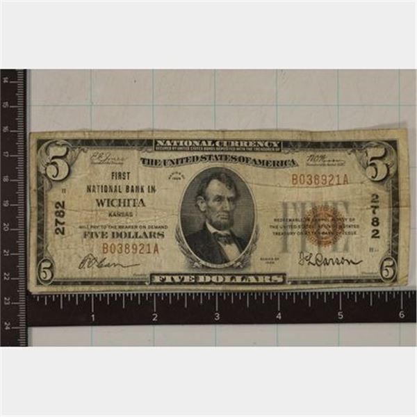 1929 TYPE I US $5 NATIONAL CURRENCY, BROWN SEAL.