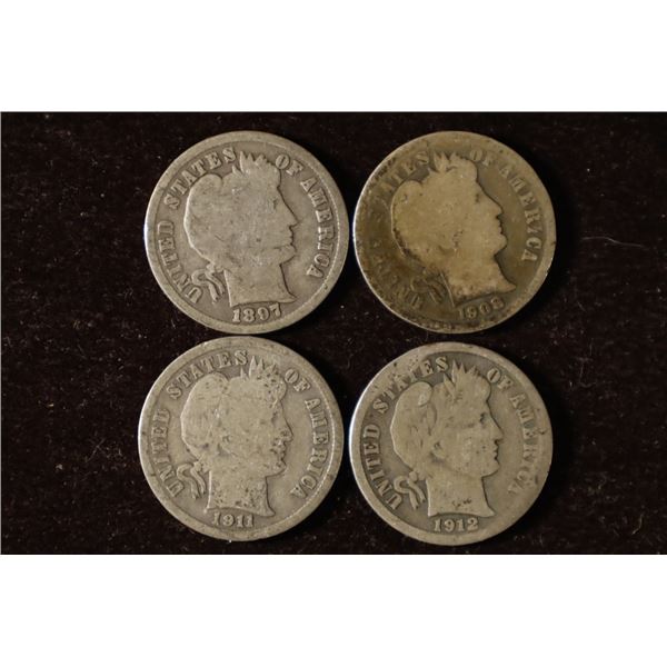 1897, 1908, 1911 & 1912 SILVER BARBER DIMES