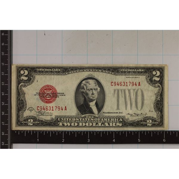 1928-D US $2 RED SEAL NOTE. CRISP AU