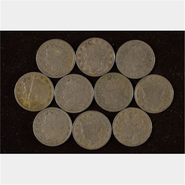 10 LIBERTY "V" NICKELS: 1907-1911